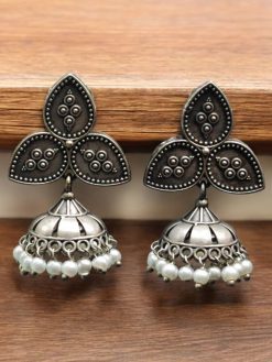 Stylish Silver Replica Jhumka Earrings with Oxidized Leaf Stud and Pearl Drops – Elegant Ethnic Jewelry.