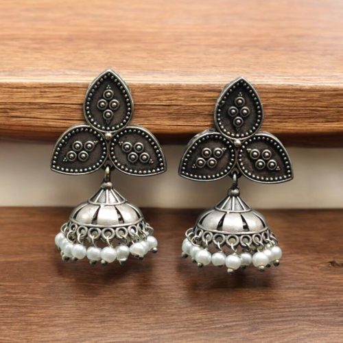 Stylish Silver Replica Jhumka Earrings with Oxidized Leaf Stud and Pearl Drops – Elegant Ethnic Jewelry.