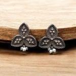Traditional Oxidised Leaf Stud Earrings with Pearl Beads & Silver Replica Finish