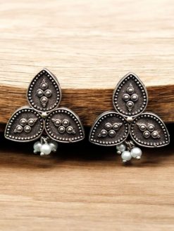Traditional Oxidised Leaf Stud Earrings with Pearl Beads and Silver Replica Finish – Elegant Ethnic Jewelry.