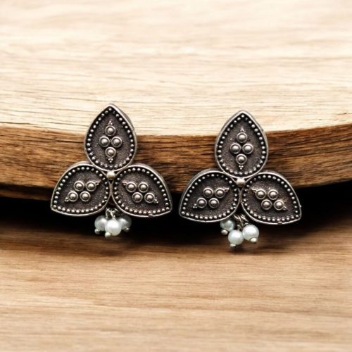 Traditional Oxidised Leaf Stud Earrings with Pearl Beads and Silver Replica Finish – Elegant Ethnic Jewelry.