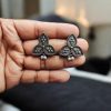 Traditional Oxidised Leaf Stud Earrings with Pearl Beads and Silver Replica Finish – Elegant Ethnic Jewelry.