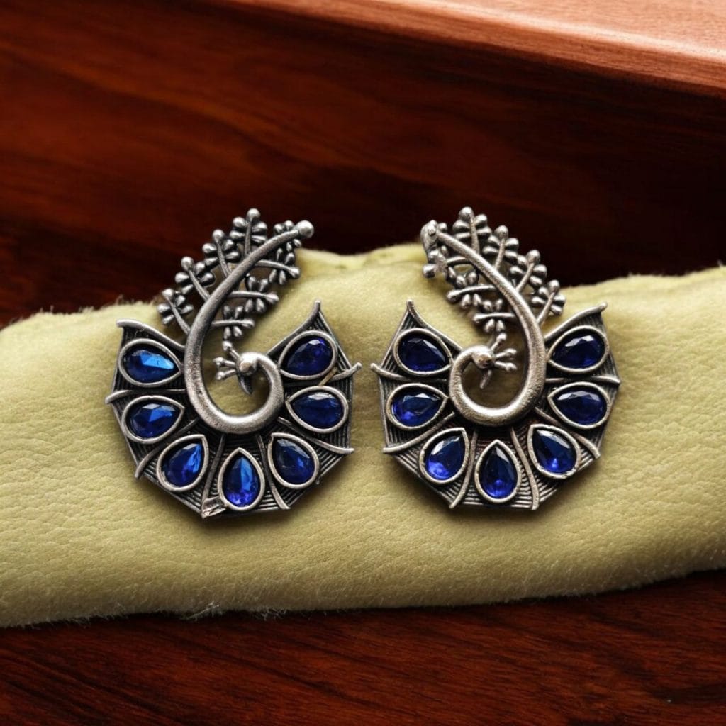 Bulk 1090 Stylish Oxidized Earrings with Unique Peacock Design & Stunning Stone Detailing - "Blue"