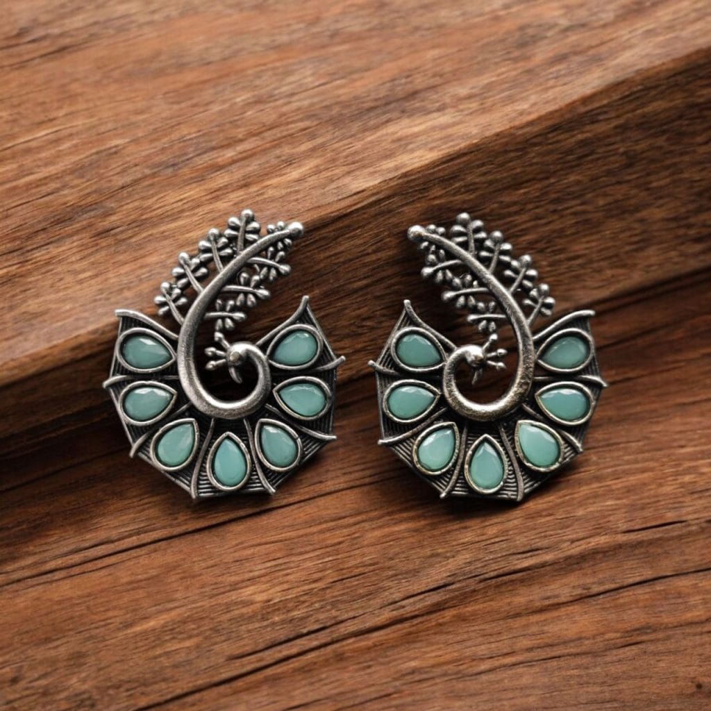 Bulk 1092 Stylish Oxidized Earrings with Unique Peacock Design & Stunning Stone Detailing - "Mint"