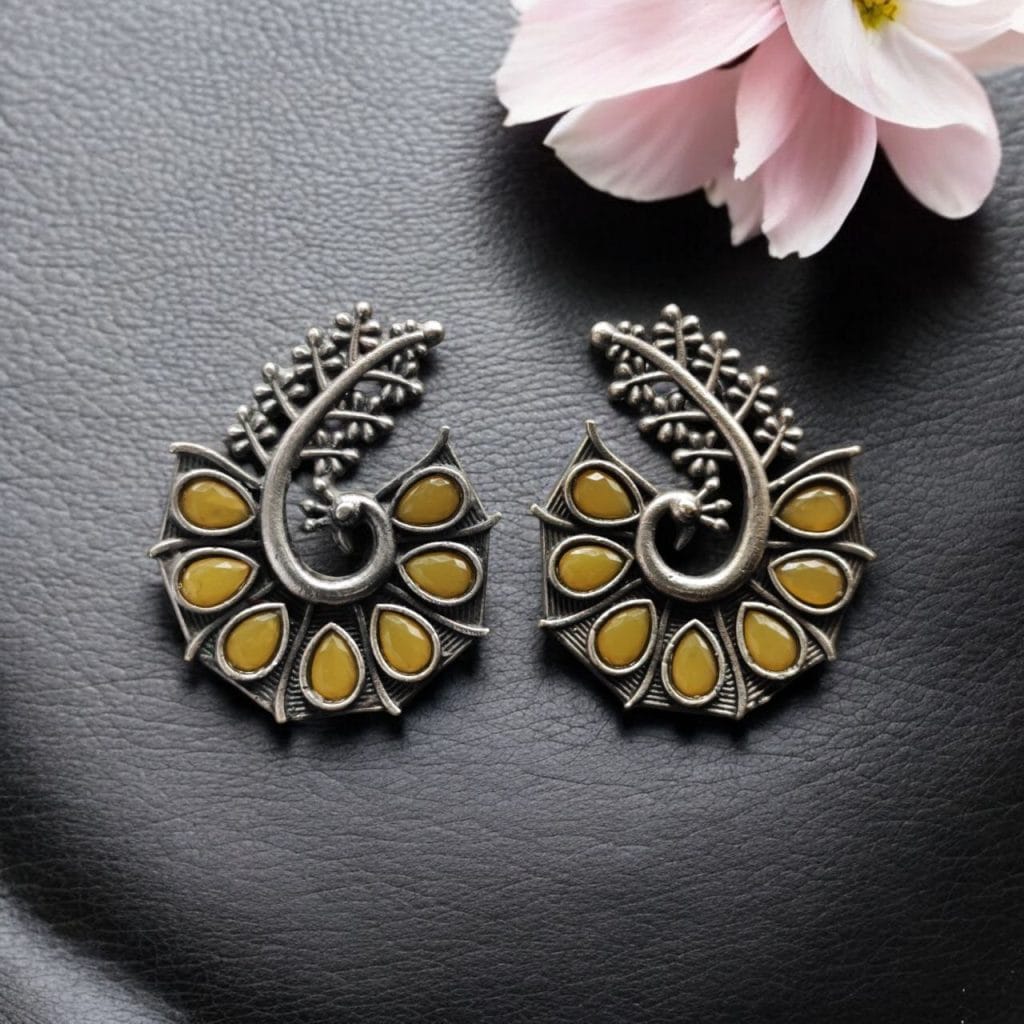 Bulk 1094 Stylish Oxidized Earrings with Unique Peacock Design & Stunning Stone Detailing - "Yellow"
