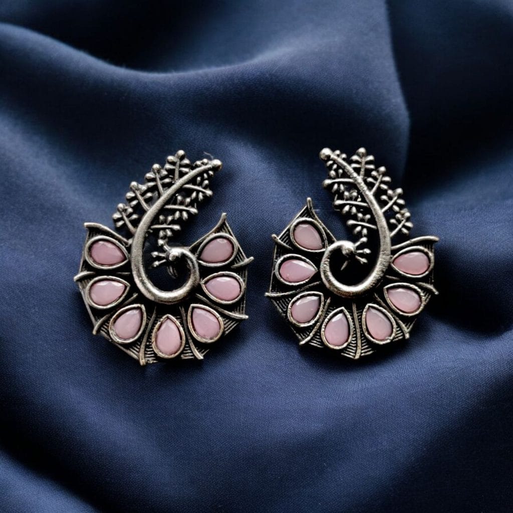 Bulk 1096 Stylish Oxidized Earrings with Unique Peacock Design & Stunning Stone Detailing - "Babypink"