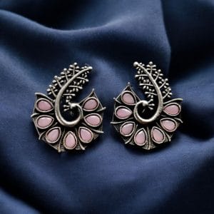 Stylish Oxidized Earrings with Unique Peacock Design & Stunning Stone Detailing - Color: "Babypink"
