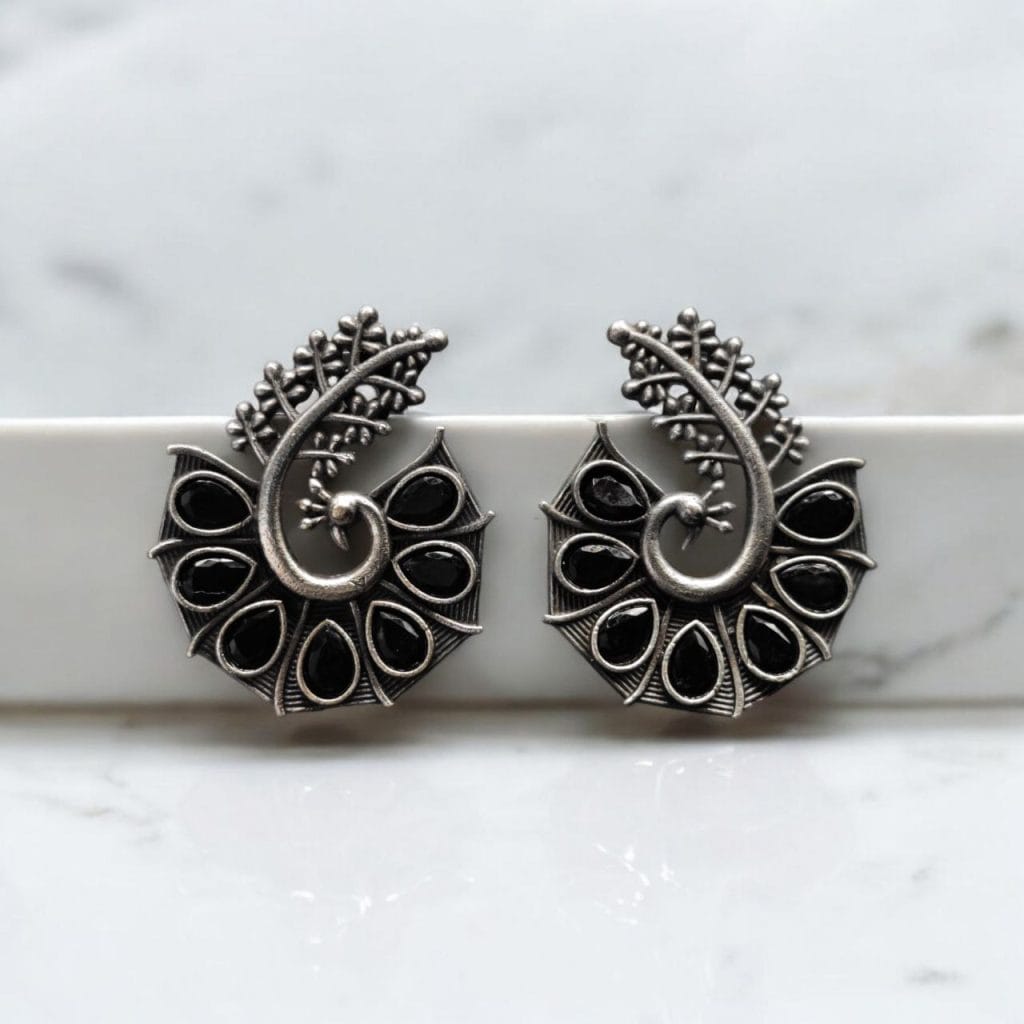 Bulk 1098 Stylish Oxidized Earrings with Unique Peacock Design & Stunning Stone Detailing - "Black"