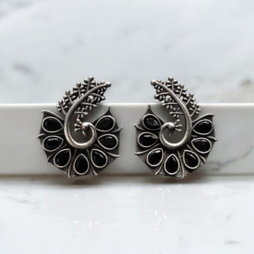 Stylish Oxidized Peacock Earrings with Unique Design and Stunning Stone Detailing.