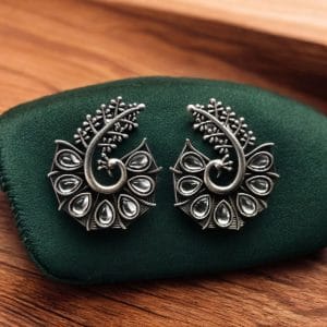 Stylish Oxidized Earrings with Unique Peacock Design & Stunning Stone Detailing - Color: "White"