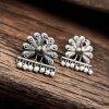 Traditional Oxidized Dancing Peacock Stud Earrings with Silver Replica Finish & Stunning Pearl Beads