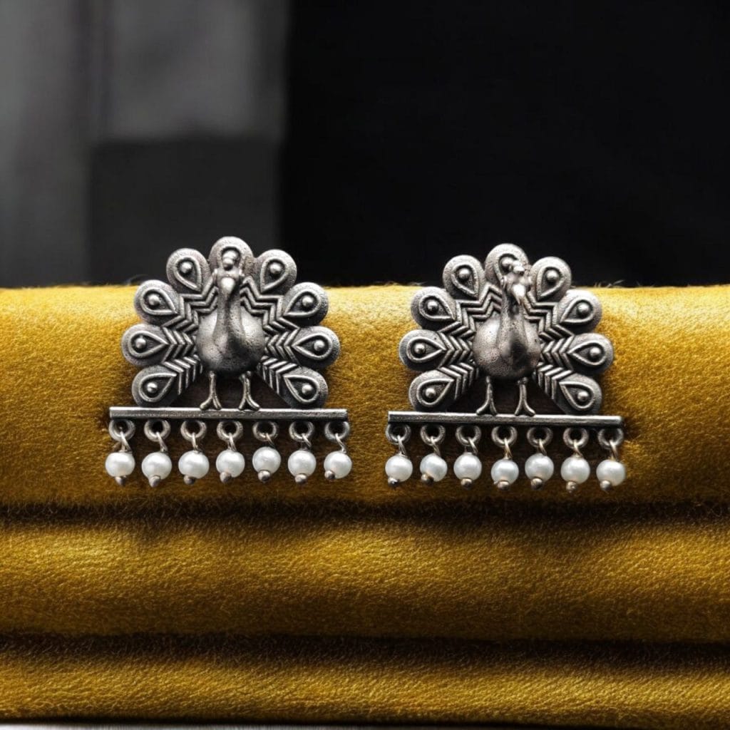 Bulk 1082 Traditional Oxidized Dancing Peacock Stud Earrings – Silver Replica with Stunning Pearl Beads
