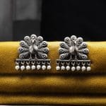 Traditional Oxidized Dancing Peacock Stud Earrings – Silver Replica with Stunning Pearl Beads