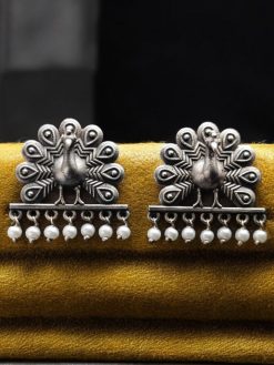 Traditional Oxidized Dancing Peacock Stud Earrings with Silver Replica Finish & Stunning Pearl Beads