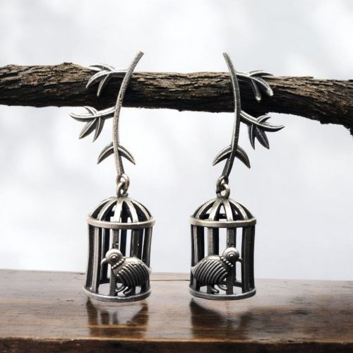Handcrafted Silver Replica Bird Cage Jhumkas with Oxidized Finish – Ethnic Jewelry for Women