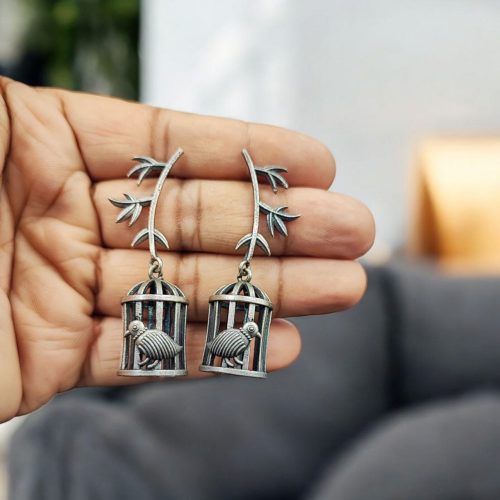 Handcrafted Silver Replica Bird Cage Jhumkas with Oxidized Finish – Ethnic Jewelry for Women