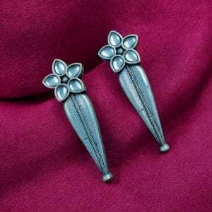 Oxidized Silver Stud Earrings with Floral Design and Delicate Stone Work.