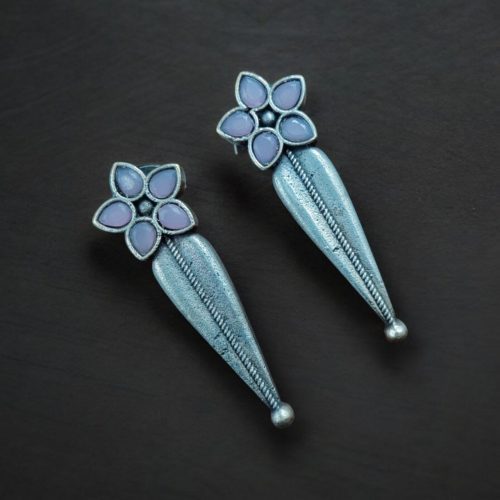 Oxidized Silver Stud Earrings with Floral Design and Delicate Stone Work.