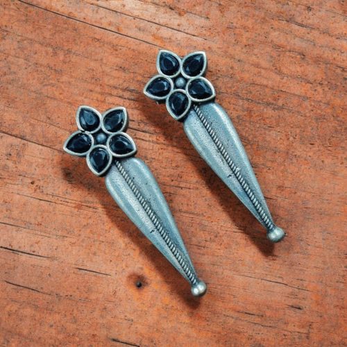 Oxidized Silver Stud Earrings with Floral Design and Delicate Stone Work.
