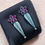 Oxidized Silver Stud Earrings with Flower Design & Adorable Delicate Stone Work - "Red"