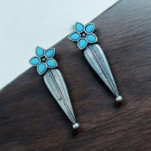 Oxidized Silver Stud Earrings with Flower Design & Adorable Delicate Stone Work - Color: "Aqua"