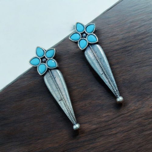 Oxidized Silver Stud Earrings with Floral Design and Delicate Stone Work.