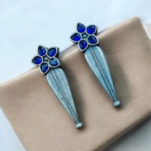 Oxidized Silver Stud Earrings with Flower Design & Adorable Delicate Stone Work - Color: "Blue"