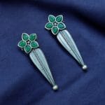 Oxidized Silver Stud Earrings with Flower Design & Adorable Delicate Stone Work - "Green"