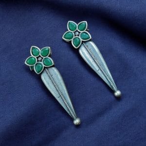 Oxidized Silver Stud Earrings with Flower Design & Adorable Delicate Stone Work - Color: "Green"