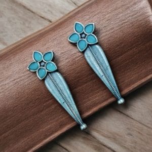 Oxidized Silver Stud Earrings with Flower Design & Adorable Delicate Stone Work - Color: "Mint"