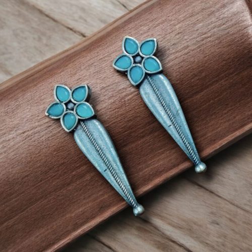 Oxidized Silver Stud Earrings with Floral Design and Delicate Stone Work.