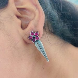 Oxidized Silver Stud Earrings with Floral Design and Delicate Stone Work.