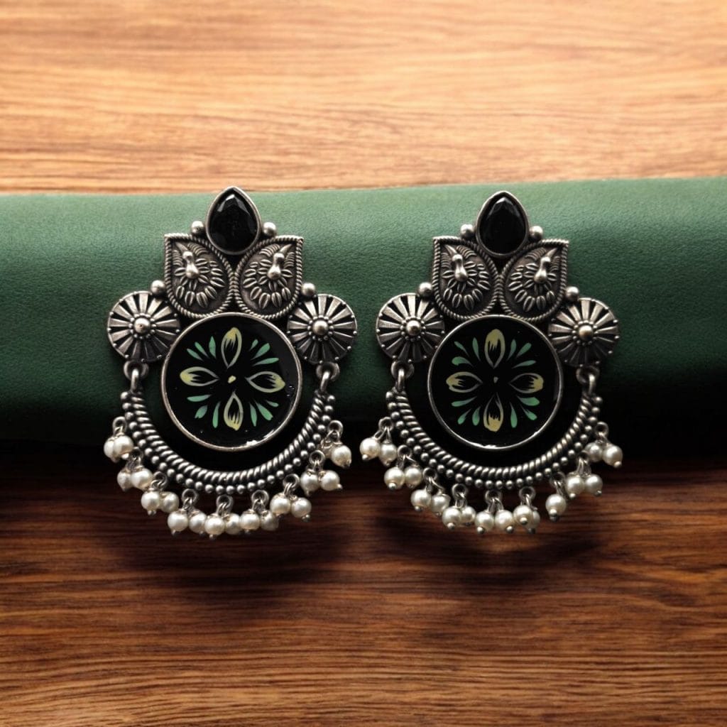 Bulk 1052 Oxidized Silver Replica Hand-Painted Stud Earrings with Beautiful Stone Work - "Black"