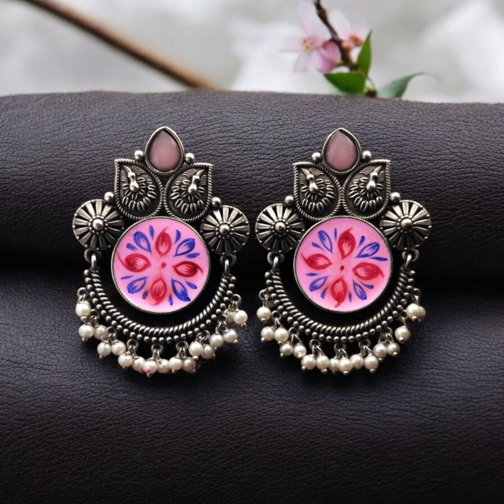 Bulk 1054 Oxidized Silver Replica Hand-Painted Stud Earrings with Beautiful Stone Work - "Babypink"