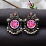 Oxidized Silver Replica Hand-Painted Stud Earrings with Beautiful Stone Work - "Babypink"