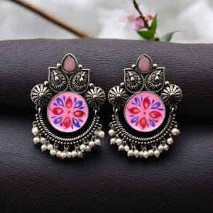 Oxidized Silver Replica Hand-Painted Stud Earrings with Beautiful Stone Work - color: "Babypink"