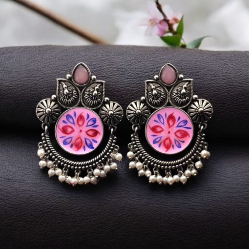 Oxidized Silver Hand-Painted Stud Earrings with Stone Work