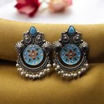 Oxidized Silver Replica Hand-Painted Stud Earrings with Beautiful Stone Work - "Aqua"