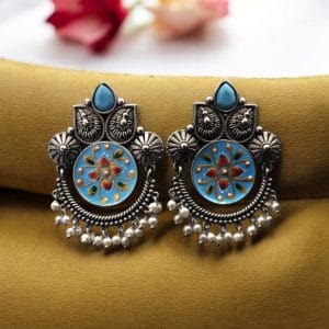 Oxidized Silver Replica Hand-Painted Stud Earrings with Beautiful Stone Work - color: "Aqua"