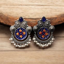 Oxidized Silver Hand-Painted Stud Earrings with Stone Work