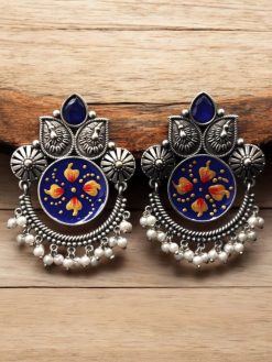 Oxidized Silver Hand-Painted Stud Earrings with Stone Work