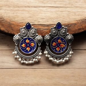 Oxidized Silver Replica Hand-Painted Stud Earrings with Beautiful Stone Work - color: "Blue"