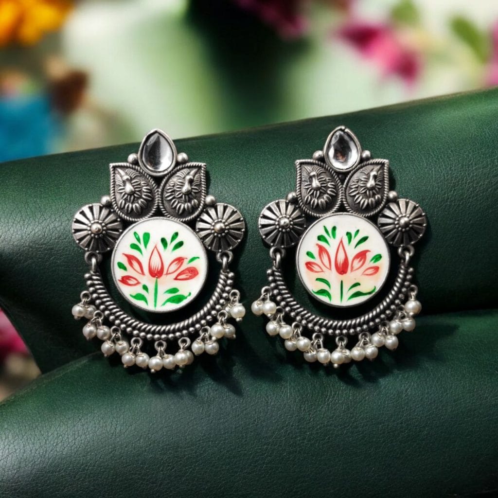 Bulk 1060 Oxidized Silver Replica Hand-Painted Stud Earrings with Beautiful Stone Work - "White-2"