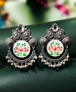 Oxidized Silver Hand-Painted Stud Earrings with Stone Work