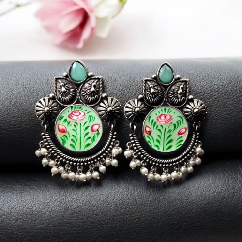 Oxidized Silver Hand-Painted Stud Earrings with Stone Work