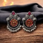Oxidized Silver Replica Hand-Painted Stud Earrings with Beautiful Stone Work - "Red"