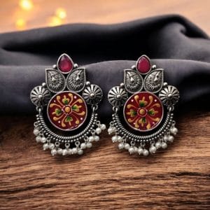 Oxidized Silver Replica Hand-Painted Stud Earrings with Beautiful Stone Work - color: "Red"
