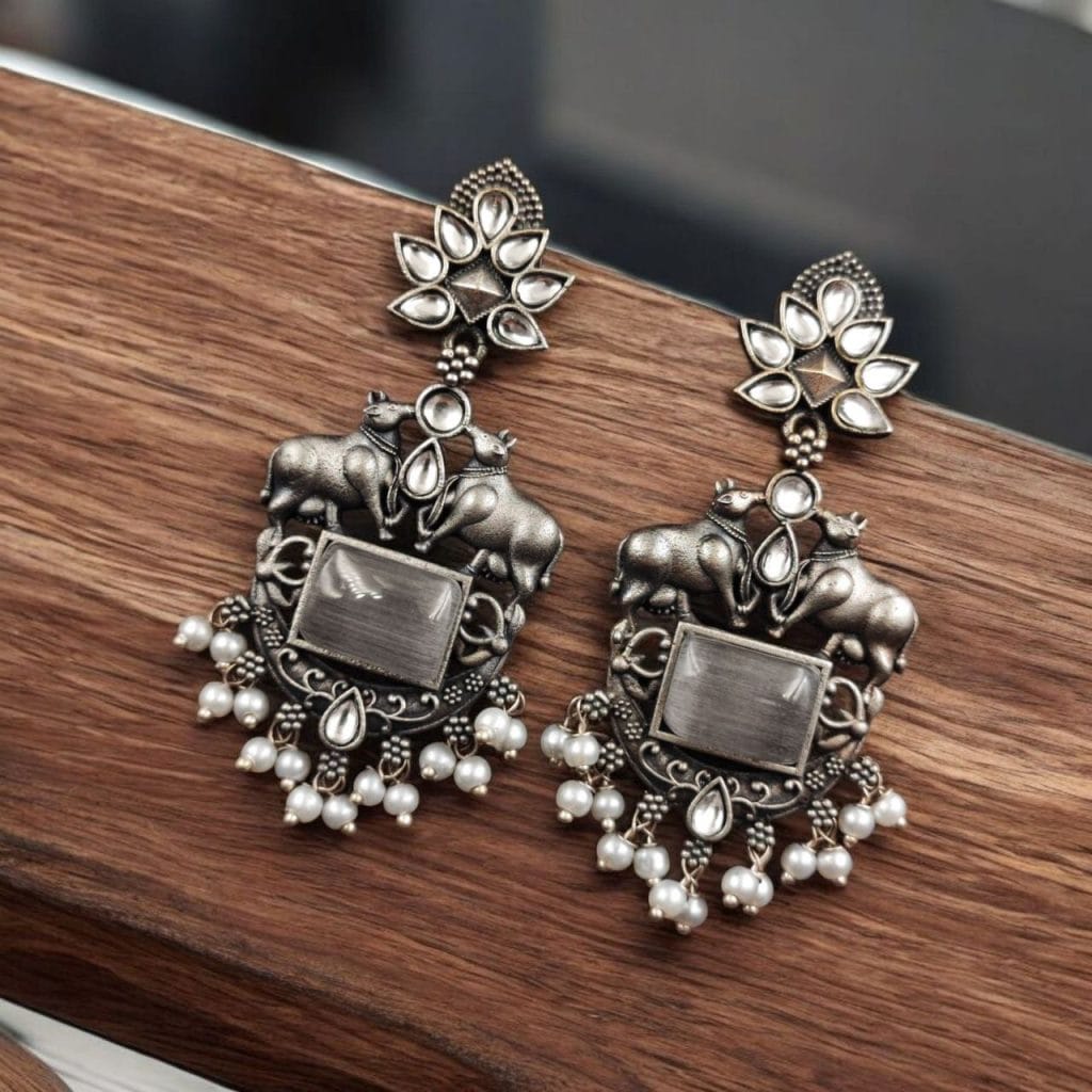 Bulk 1038 Lightweight Oxidized Nandi Earrings with Silver Touch & Beautiful Monalisa Stone - "Grey"