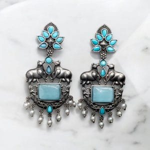 Lightweight Oxidized Nandi Earrings with Silver Touch & Beautiful Monalisa Stone - color: "Aqua"