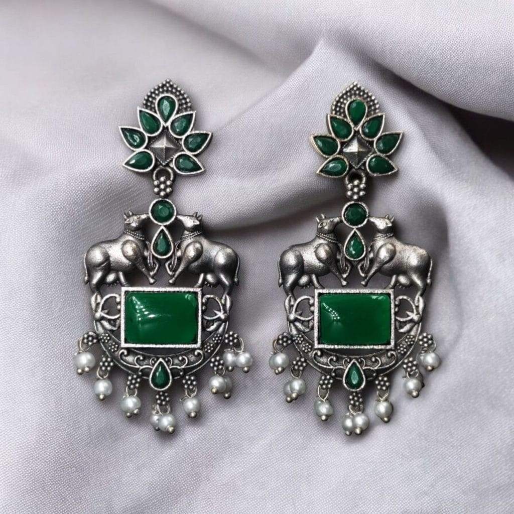 Bulk 1042 Lightweight Oxidized Nandi Earrings with Silver Touch & Beautiful Monalisa Stone - "Green"